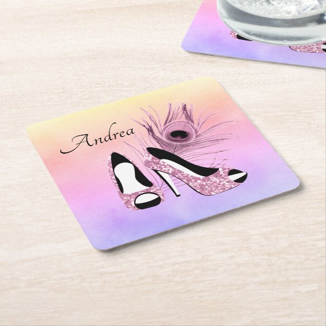 Sparkle Pink Pumps Fancy Personalized Square Paper Coaster (Angled)