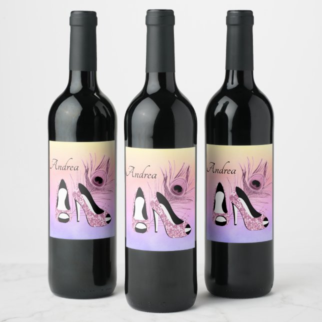 Sparkle Pink Pumps Fancy Personalized Wine Label (Bottles)