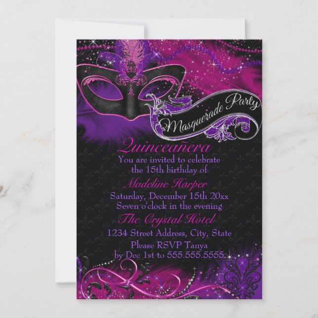 Sparkle Pink & Purple Mask Masquerade Invitation (Front)