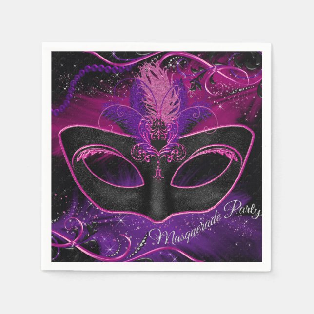 Sparkle Pink & Purple Mask Masquerade Party Napkin (Front)