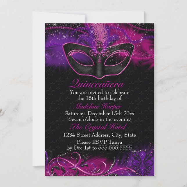 Sparkle Pink & Purple Mask Masquerade Quinceanera Invitation (Front)