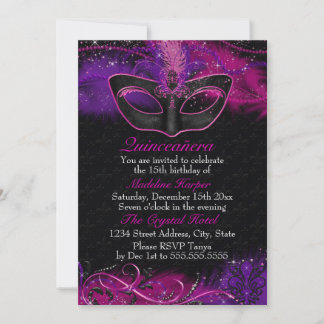 Sparkle Pink & Purple Mask Masquerade Quinceanera Invitation