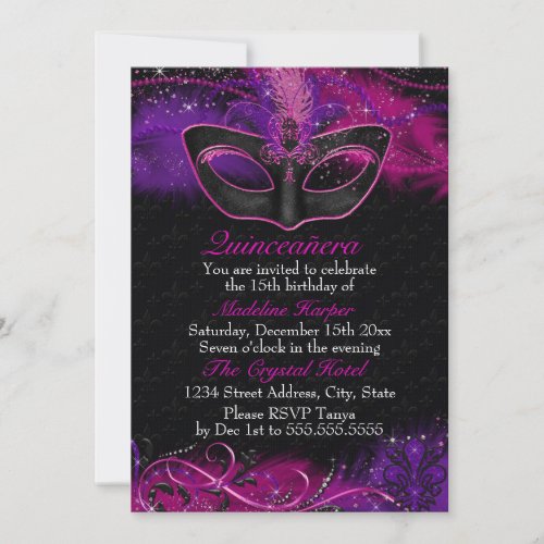 Sparkle Pink  Purple Mask Masquerade Quinceanera Invitation