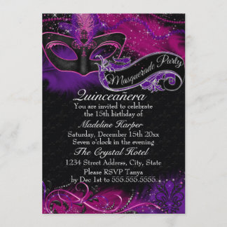 Sparkle Pink & Purple Mask Masquerade Quinceanera Invitation