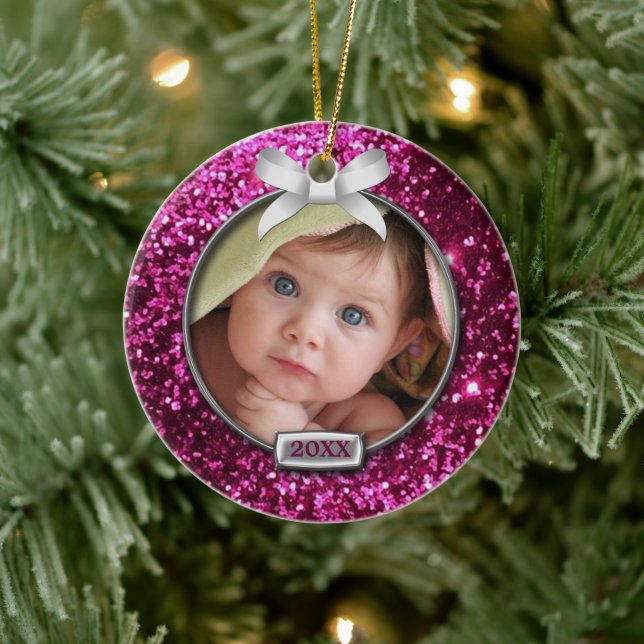 Sparkle Pink/Silver Bow Photo Ceramic Ornament (Tree)