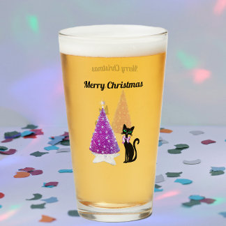Sparkle Pink Silver Christmas Tree Black Cat Bow Glass