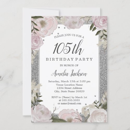 Sparkle Pink Silver Floral 105th Birthday Party Invitation