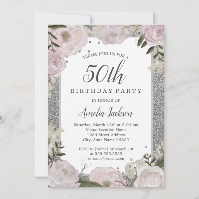 Sparkle Pink Silver Floral 50th Birthday Invitation (Front)