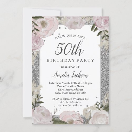 Sparkle Pink Silver Floral 50th Birthday Invitation