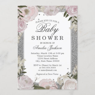 Sparkle Pink Silver Floral Baby Shower Invitation