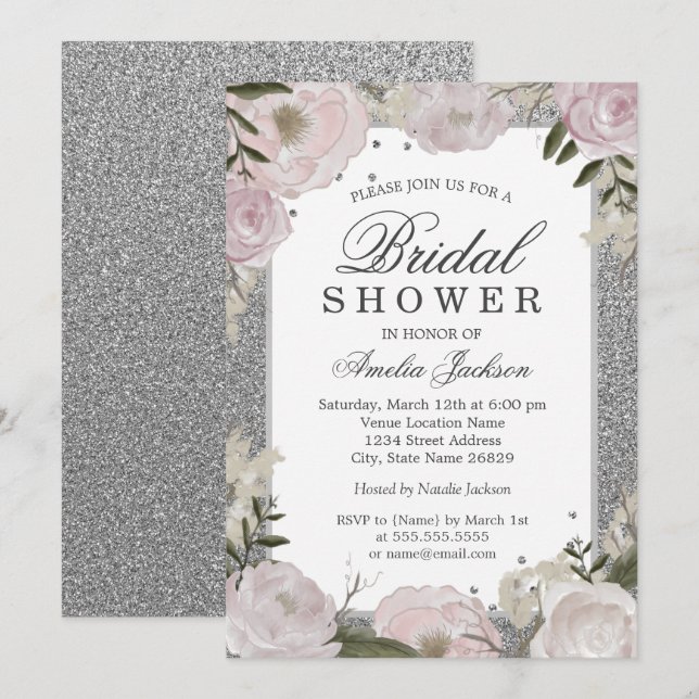 Sparkle Pink Silver Floral Bridal Shower Invitation (Front/Back)