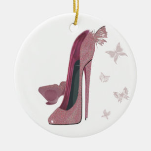Sparkle Pink Stiletto and Butterfly's Art Ceramic Ornament