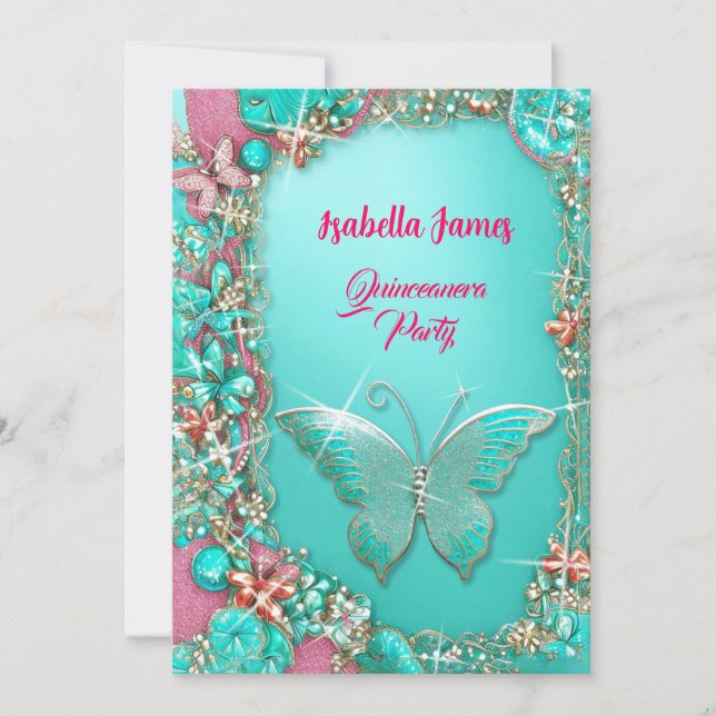 sparkle pink turquoise gold jewels Butterflies Invitation (Front)