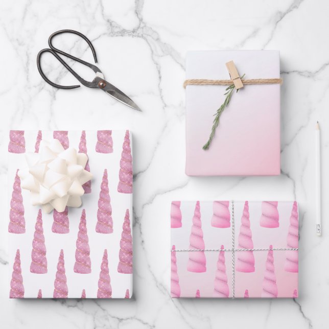Sparkle Pink White Glam Unicorn Birthday Wrapping Paper Sheets (Front)
