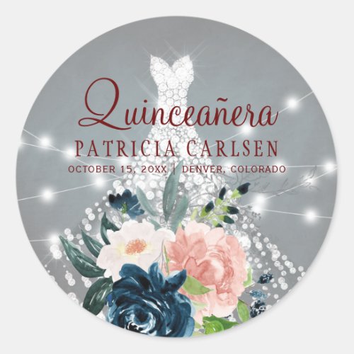 Sparkle princess diamond dress floral quinceanera classic round sticker