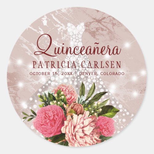 Sparkle princess diamond dress floral quinceanera classic round sticker