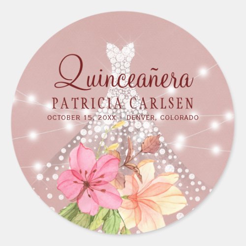 Sparkle princess diamond dress floral quinceanera classic round sticker