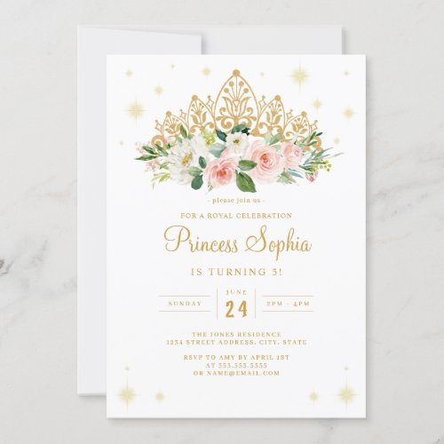 Sparkle Princess Floral Tiara Birthday Invitation