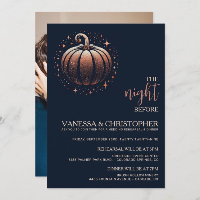 Sparkle Pumpkin Night Before Wedding Rehearsal Invitation (Front/Back)