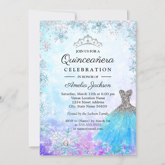 Sparkle Purple Blue Snowflakes Winter Quinceanera Invitation (Front)