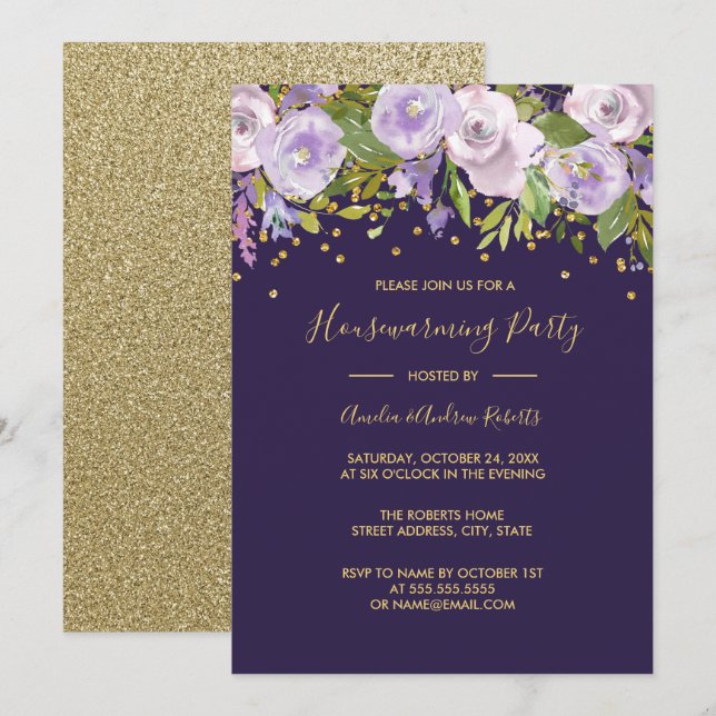 Sparkle Purple Floral Housewarming Party Invite (Front/Back)