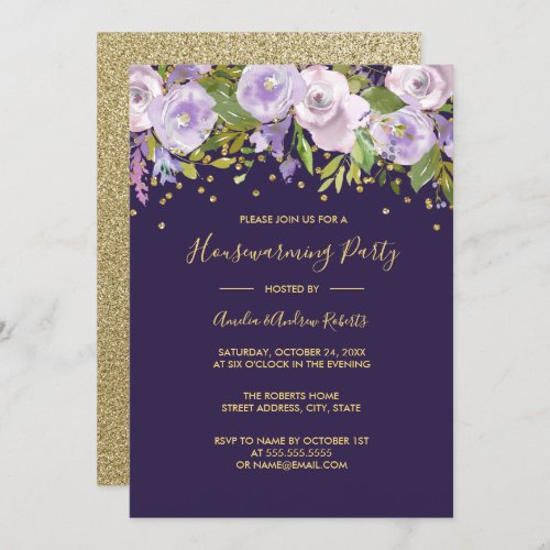 Sparkle Purple Floral Housewarming Party Invite