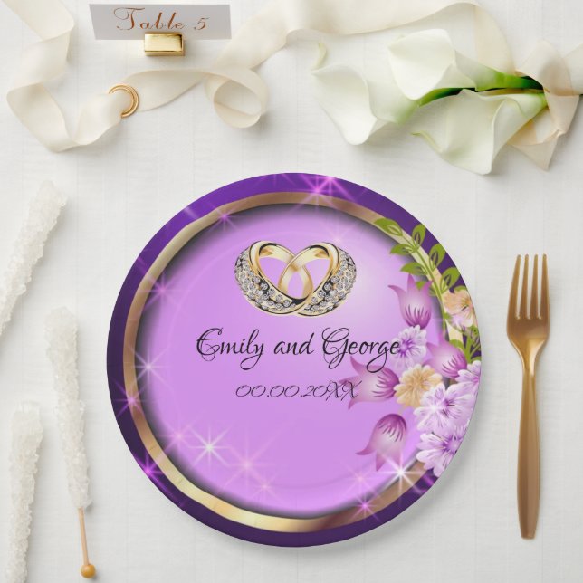 Sparkle Purple Flowers Customisable Wedding Party  Paper Plates (Wedding)