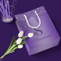 Sparkle Purple Glitter Drips Monogram Medium Gift Bag