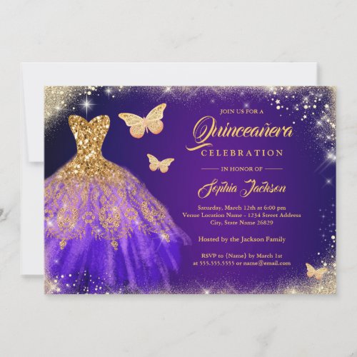 Sparkle Purple Gold Dress Butterfly Quinceanera Invitation