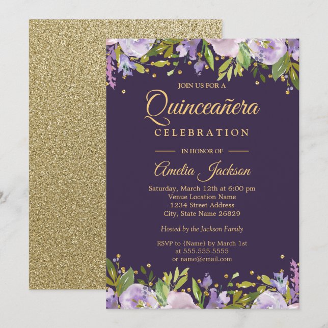 Sparkle Purple Gold Floral Quinceanera Invite (Front/Back)