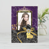 Sparkle Purple Gold Lace & Bow Photo Quinceanera Invitation (Standing Front)