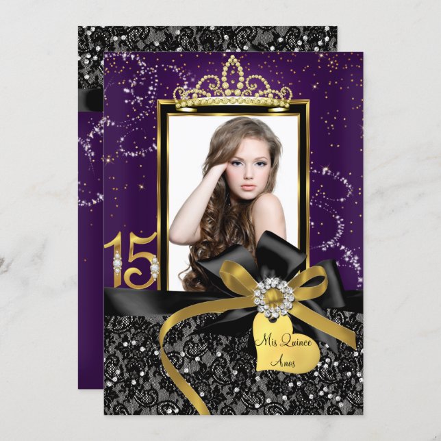 Sparkle Purple Gold Lace & Bow Photo Quinceanera Invitation (Front/Back)