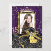 Sparkle Purple Gold Lace & Bow Photo Quinceanera Invitation (Front)