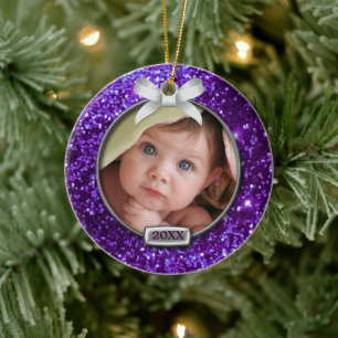 Sparkle Purple/Silver Bow Photo Ceramic Ornament