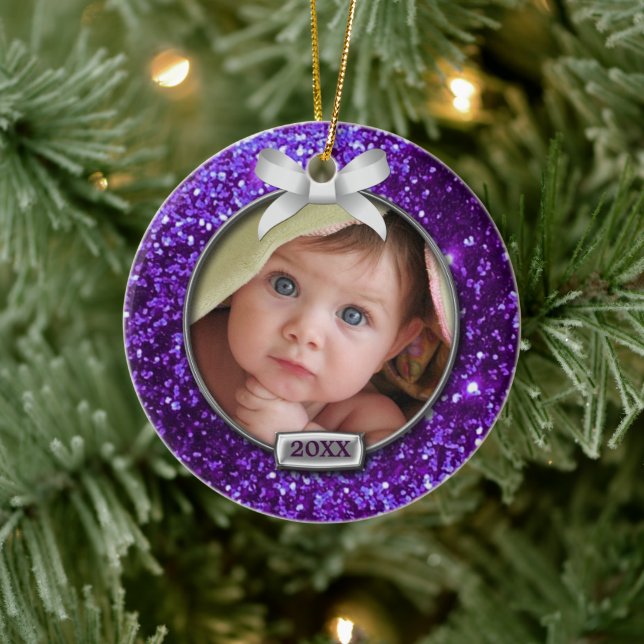 Sparkle Purple/Silver Bow Photo Ceramic Ornament (Tree)