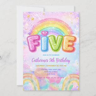Sparkle Rainbow 5th Birthday Party Invitation