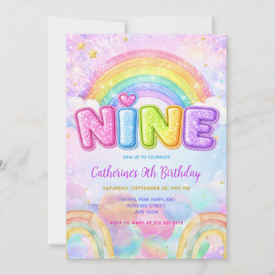 Sparkle Rainbow 9th Birthday Party Invitation