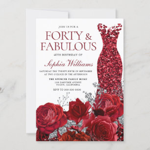 Sparkle Red Dress & Roses 40th Birthday Party Invitation