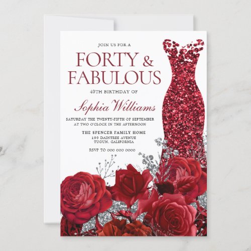 Sparkle Red Dress  Roses 40th Birthday Party Invitation
