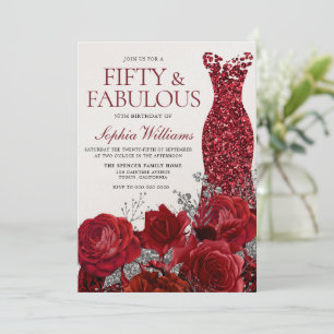 Sparkle Red Dress & Roses 50th Birthday Shimmer Invitation