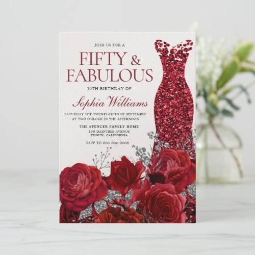 Sparkle Red Dress  Roses 50th Birthday Shimmer Invitation