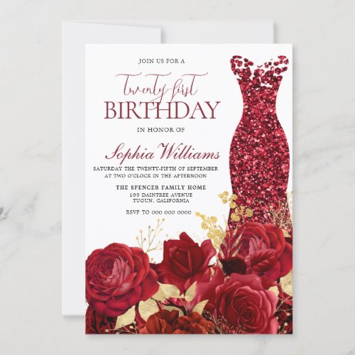 Sparkle Red Dress Roses Gold 21st Birthday Party Invitation