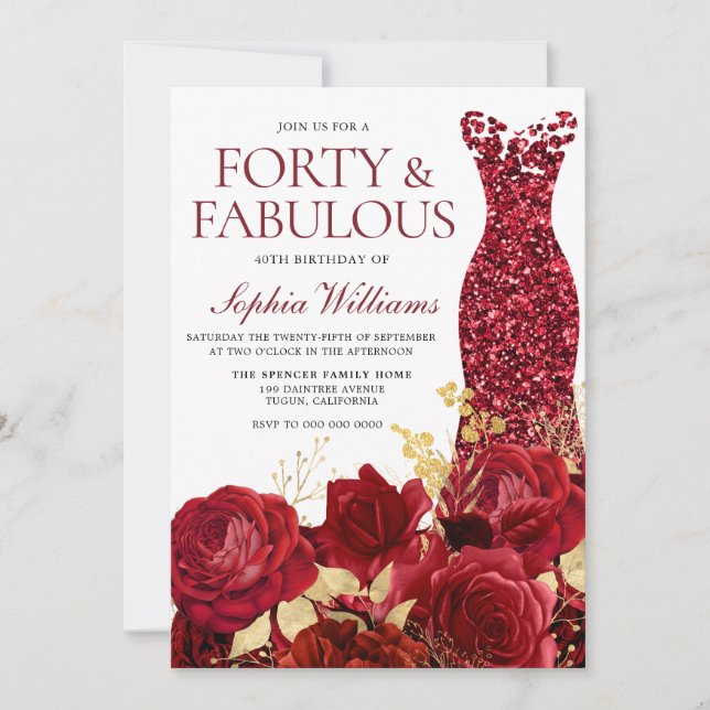 Sparkle Red Dress Roses Gold Leaf 40th Birthday Invitation (Front)