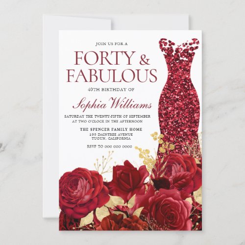 Sparkle Red Dress Roses Gold Leaf 40th Birthday Invitation