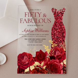 Sparkle Red Dress Roses Gold Leaf 50th Birthday Acrylic Invitations