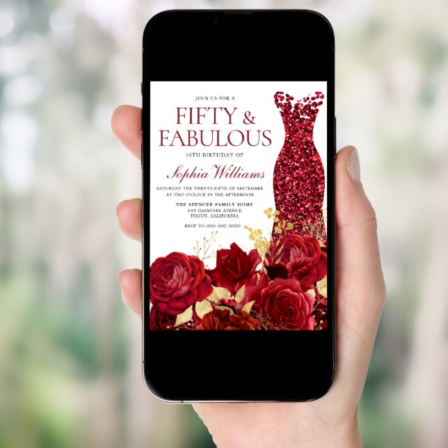 Sparkle Red Dress Roses Gold Leaf 50th Birthday  Invitation (Front Digital)