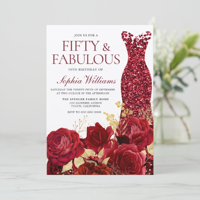 Sparkle Red Dress Roses Gold Leaf 50th Birthday Invitation | Zazzle