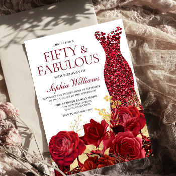 Sparkle Red Dress Roses Gold Leaf 50th Birthday  Invitation by Nicheandnest at Zazzle