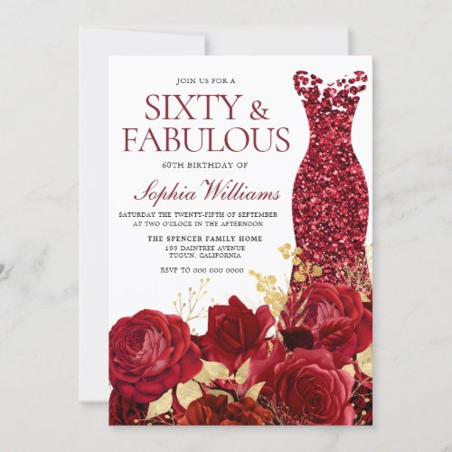 Sparkle Red Dress Roses Gold Leaf 60th Birthday Invitation