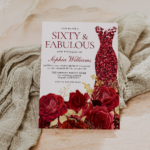 Sparkle Red Dress Roses Gold Leaf 60th Birthday Invitation